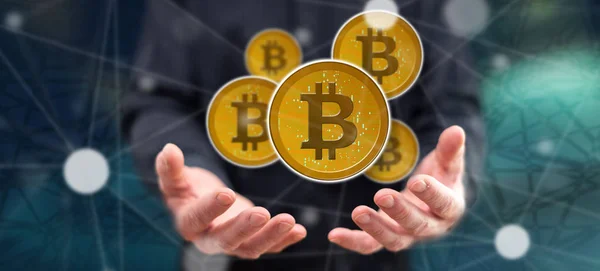Концепція Bitcoin Над Руками Людини Задньому Плані — стокове фото