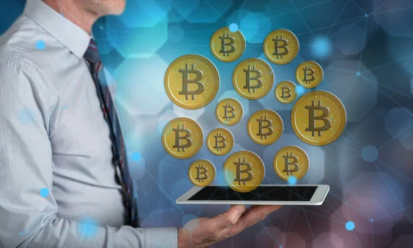 Concetto Valuta Bitcoin Sopra Tablet Detenuto Uomo — Foto Stock