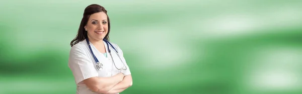 Retrato Médico Feminino Fundo Verde — Fotografia de Stock