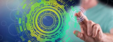 Adam bir teknoloji kavramı onun parmak dokunmatik ekranlı cep bilgisayarlarda dokunmadan