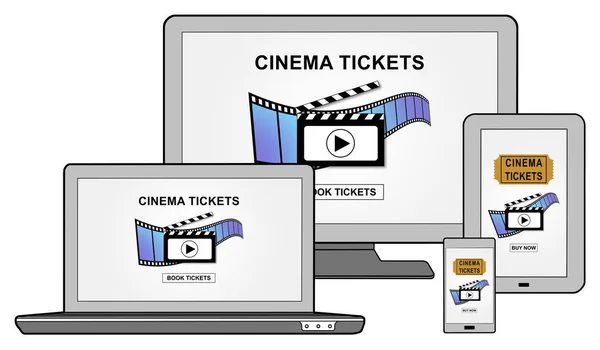 Conceito Reserva Bilhetes Cinema Online Mostrado Diferentes Dispositivos Tecnologia Informação — Fotografia de Stock