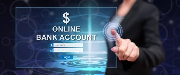 Woman Touching Online Bank Account Website Touch Screen Her Finger — Stock Photo, Image