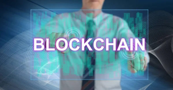 Man Touching Blockchain Concept Touch Screen His Fingers — Stock Photo, Image