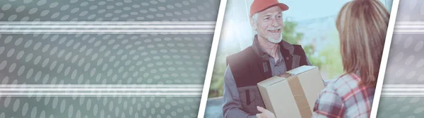 Smiling Delivery Man Delivery Package Customer Light Effet Inglés Bandera — Foto de Stock