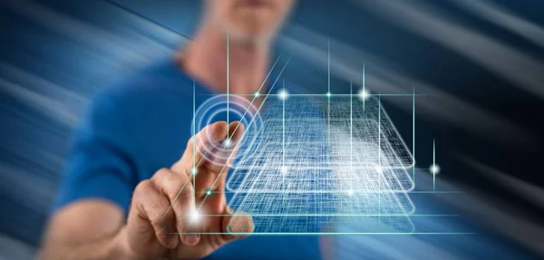 Mann Berührt Blockchain Technologie Konzept Mit Dem Finger Auf Touchscreen — Stockfoto
