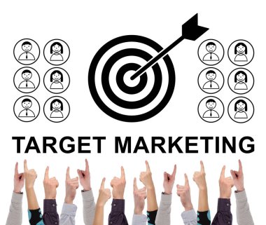 Hedef pazarlama kavramı tarafından birkaç parmak işaret beyaz arka plan üzerinde