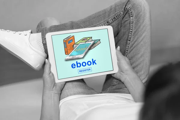 Woman Looking Book Concept Tablet — Stock Photo, Image