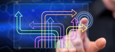 Adam dokunmatik ekranda dijital bir karar kavramına parmağıyla dokunuyor.