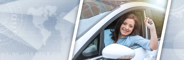 Szczęśliwa Młoda Kobieta Pokazuje Nowe Kluczyki Samochodu Efekt Świetlny Panoramiczne — Zdjęcie stockowe