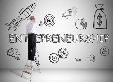 Adam Girişimcilik kavramı bir duvara çizim merdiven