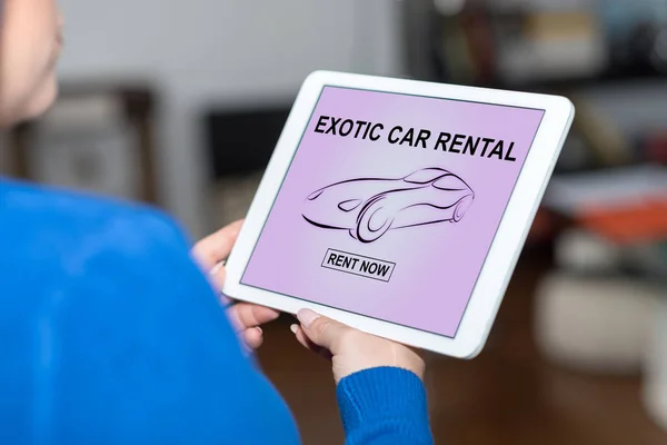 Tablet Screen Displaying Exotic Car Rental Concept — Stock Photo, Image