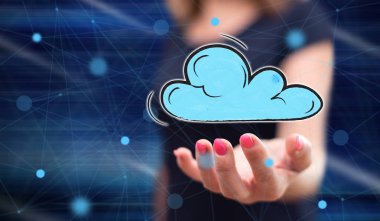 Bulut ağı kavramı arka plandaki bir kadının elinin üstünde.