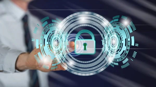 Adam dokunmatik ekranda parmak ile veri güvenliği kavramına dokunuyor.