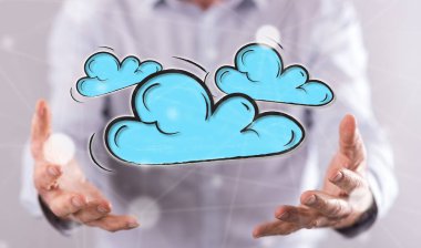 Arka planda bir adamın elleri yukarıda bulut ağ kavramı