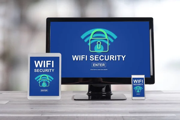 Wifi Biztonsági Koncepció Jelenik Meg Különböző Informatikai Eszközöket — Stock Fotó