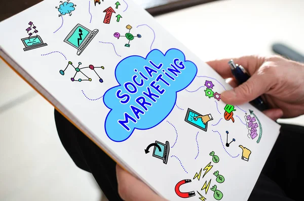 Social marketing concept on a paper held by a hand