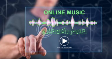 Adam bir online müzik kavramı onun parmak dokunmatik ekranlı cep bilgisayarlarda dokunmadan