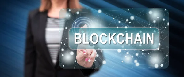 Woman Touching Blockchain Concept Touch Screen Her Fingers — Stock Photo, Image