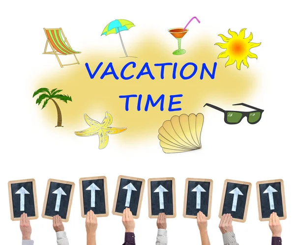 Hands holding writing slates with arrows pointing on vacation time concept