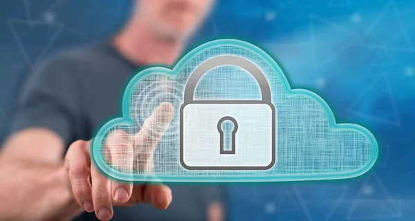 Man touching a cloud security concept on a touch screen with his finger