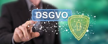 Gdpr kavramı (Almanca bir metnin dsgvo) onun parmak dokunmatik ekranlı cep bilgisayarlarda dokunmadan adam