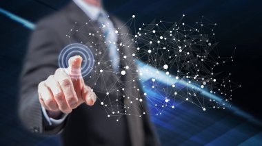 Dokunmatik ekranda parmaklarıyla sanal ağa dokunan bir adam.