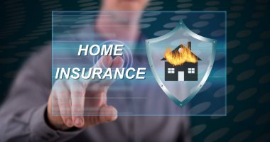 Bir ev sigorta kavramı onun parmak dokunmatik ekranlı cep bilgisayarlarda dokunmadan adam