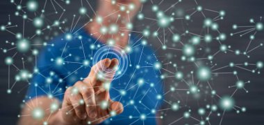 Onun parmak dokunmatik ekranlı cep bilgisayarlarda sanal ağ dokunmadan adam