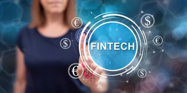 Fintech kavramı onun parmak dokunmatik ekranlı cep bilgisayarlarda dokunmadan kadın
