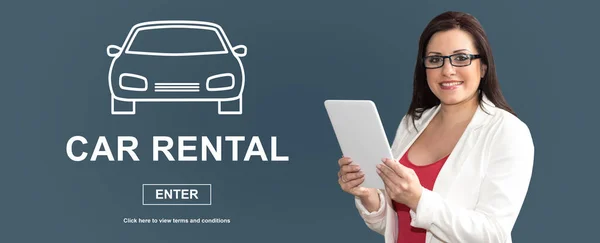 Woman using digital tablet with car rental concept on background