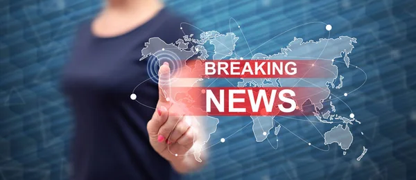 Woman Touching Breaking News Concept Touch Screen Her Finger — Stock Photo, Image