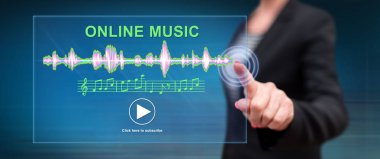Bir online müzik kavramı onun parmak dokunmatik ekranlı cep bilgisayarlarda dokunmadan kadın