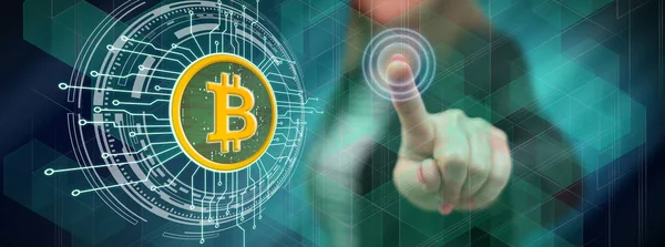 Woman Touching Bitcoin Currency Concept Touch Screen Her Finger — Stock Photo, Image