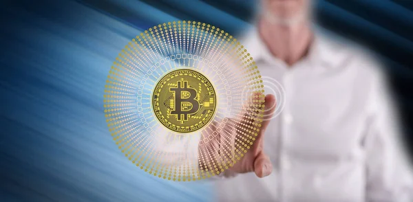 Man Touching Bitcoin Currency Concept Touch Screen His Finger — Stock Photo, Image