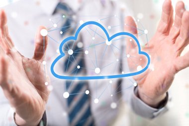 Arka planda bir adamın elleri arasındaki bulut ağı kavramı