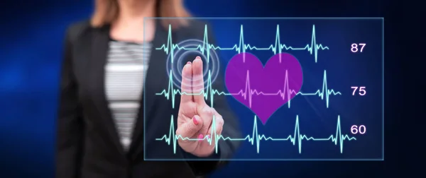 Kobiety Dotykając Serce Bije Koncepcja Wykres Ekranie Dotykowym Jej Palce — Zdjęcie stockowe