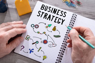 İş stratejisi kavramı üzerinde bir not defteri çizilmiş bir masa üzerine yerleştirilen