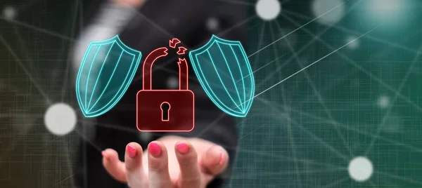 Cyber security concept above the hand of a woman in background