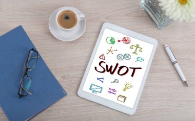 Yukarıdan bir resepsiyon swot konsepti ile dijital tablet