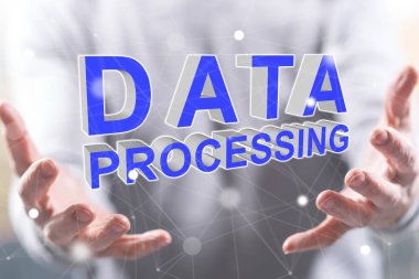 Veri işleme kavramı içinde geçmiş bir adamın elleri yukarıda