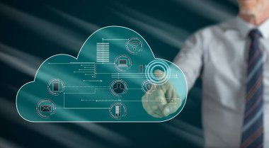 Adam dokunmatik ekranda dijital teknoloji konseptine parmağıyla dokunuyor.