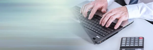 Businessman Hands Typing Laptop Computer Panoramic Banner — Stock Photo, Image