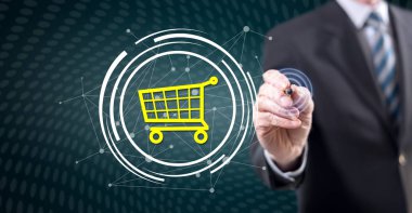 Adam bir online alışveriş kavramı bir dokunmatik ekran üzerinde bir stylus kalem ile dokunmak