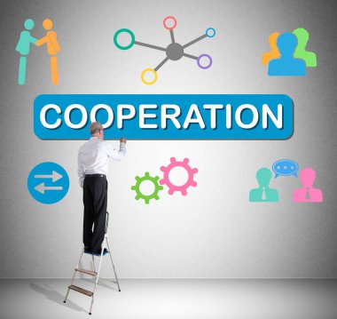 Adam işbirliği kavramı bir duvara çizim merdiven