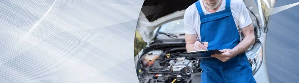 Автомобільний Механізм Перевіряє Автомобільний Двигун Пише Кишені Панорамний Банер — стокове фото