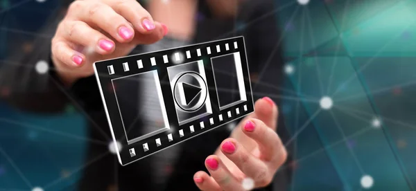 Films Video Film Concept Tussen Handen Van Een Vrouw Achtergrond — Stockfoto