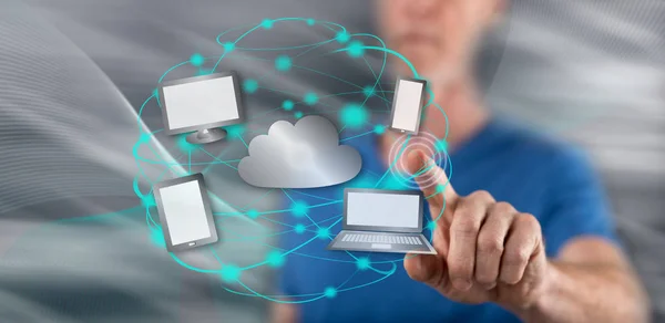 Homme Touchant Concept Cloud Computing Sur Écran Tactile Avec Son — Photo