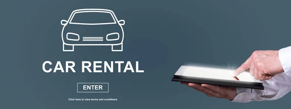 Finger pointing on digital tablet with car rental concept on background