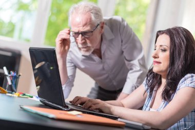 Genç iş kadını ve birlikte ofiste çalışan üst düzey iş adamı