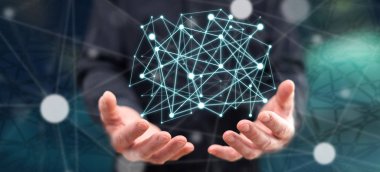 Sanal ağ kavramı içinde geçmiş bir adamın elleri yukarıda